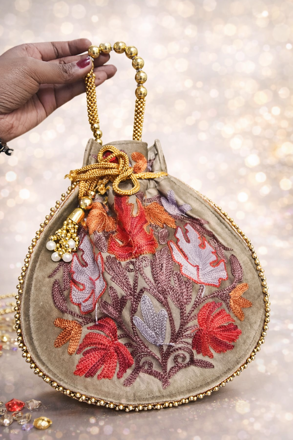 Kashmiri Potli bag ,hand embroided  Wallets, Clutches with  art, suede leather clutch from Kashmir